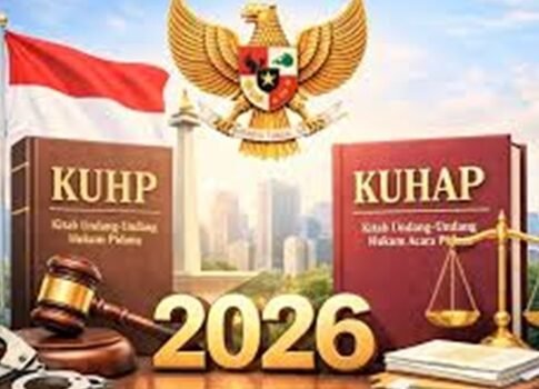 Simbol penegakan hukum KUHP Baru 2026 dan revisi KUHAP resmi berlaku mulai 2 Januari 2026